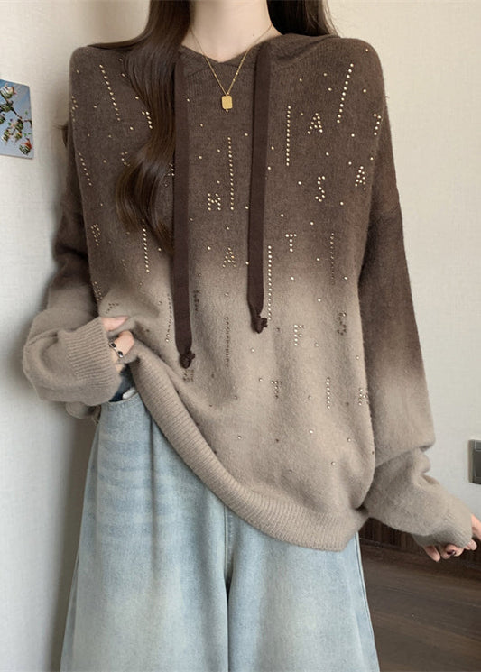 Art Gradient Brown Rhinestone Knit Hooded Sweatshirts Top Fall