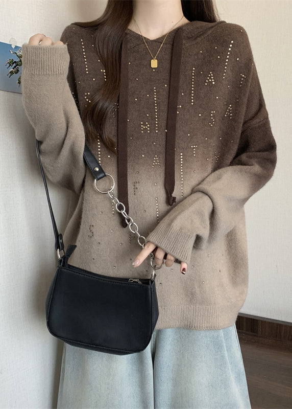 Art Gradient Brown Rhinestone Knit Hooded Sweatshirts Top Fall