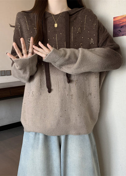 Art Gradient Brown Rhinestone Knit Hooded Sweatshirts Top Fall