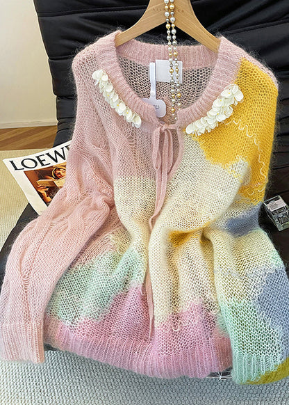 Art Gradient Color Lace Up Hollow Out Knit Top Fall