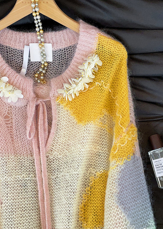 Art Gradient Color Lace Up Hollow Out Knit Top Fall