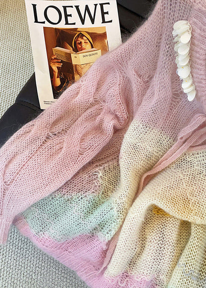 Art Gradient Color Lace Up Hollow Out Knit Top Fall