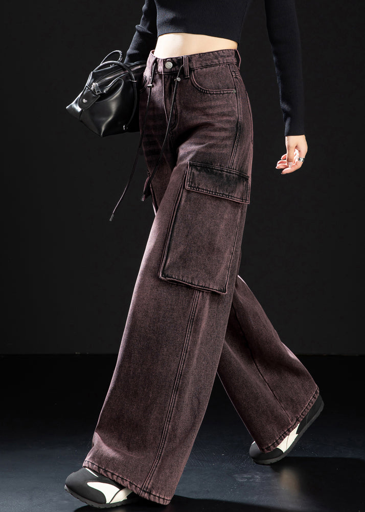 Art Gradient Color Oversized Pockets Warm Fleece Denim Pants Winter