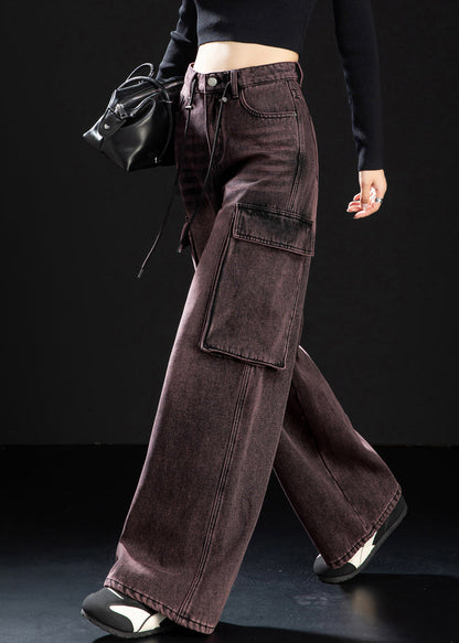 Art Gradient Color Oversized Pockets Warm Fleece Denim Pants Winter