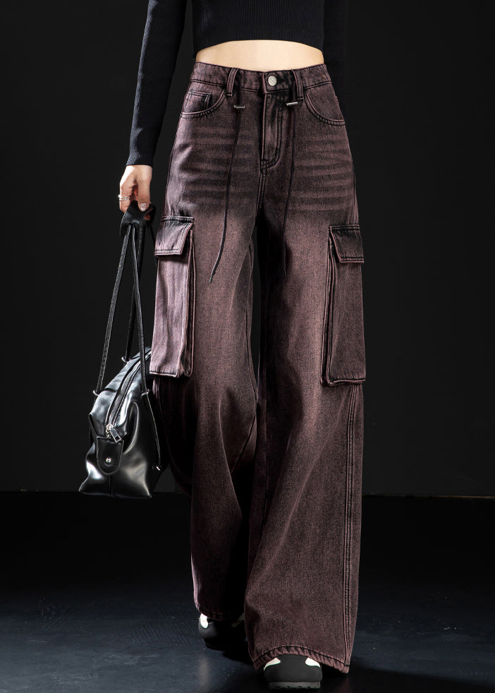 Art Gradient Color Oversized Pockets Warm Fleece Denim Pants Winter