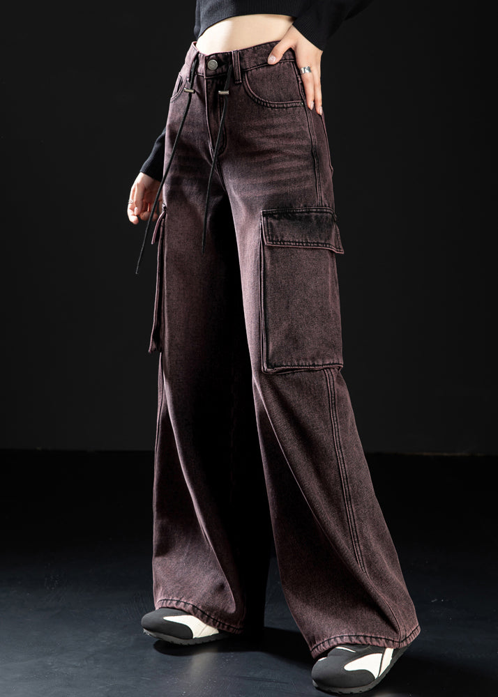 Art Gradient Color Oversized Pockets Warm Fleece Denim Pants Winter