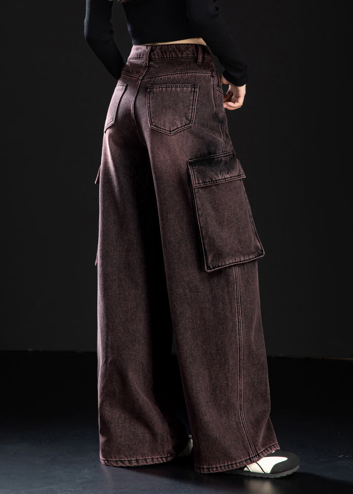 Art Gradient Color Oversized Pockets Warm Fleece Denim Pants Winter