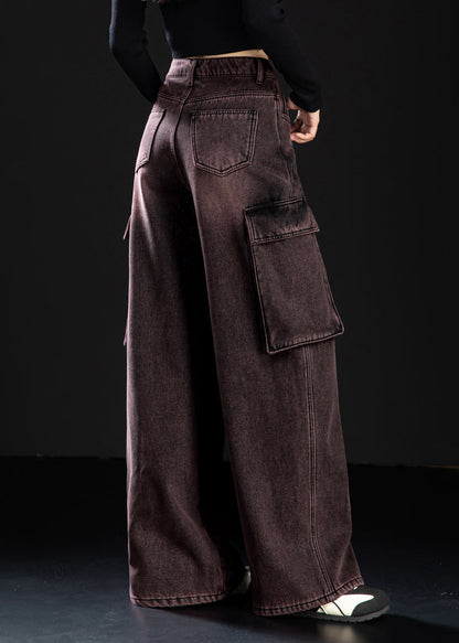 Art Gradient Color Oversized Pockets Warm Fleece Denim Pants Winter