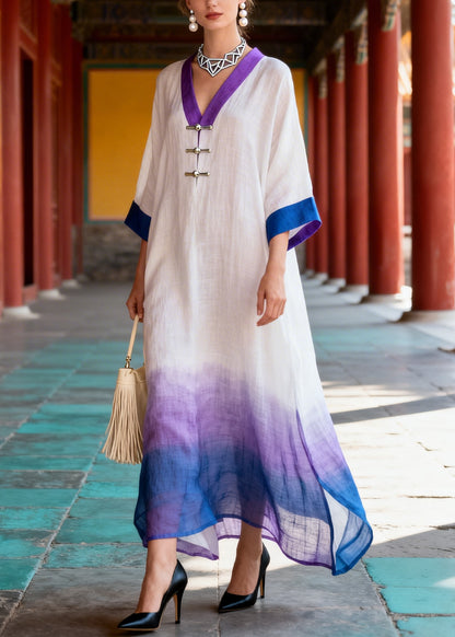 Art Gradient Color Oversized Side Open Cotton Maxi Dresses Summer