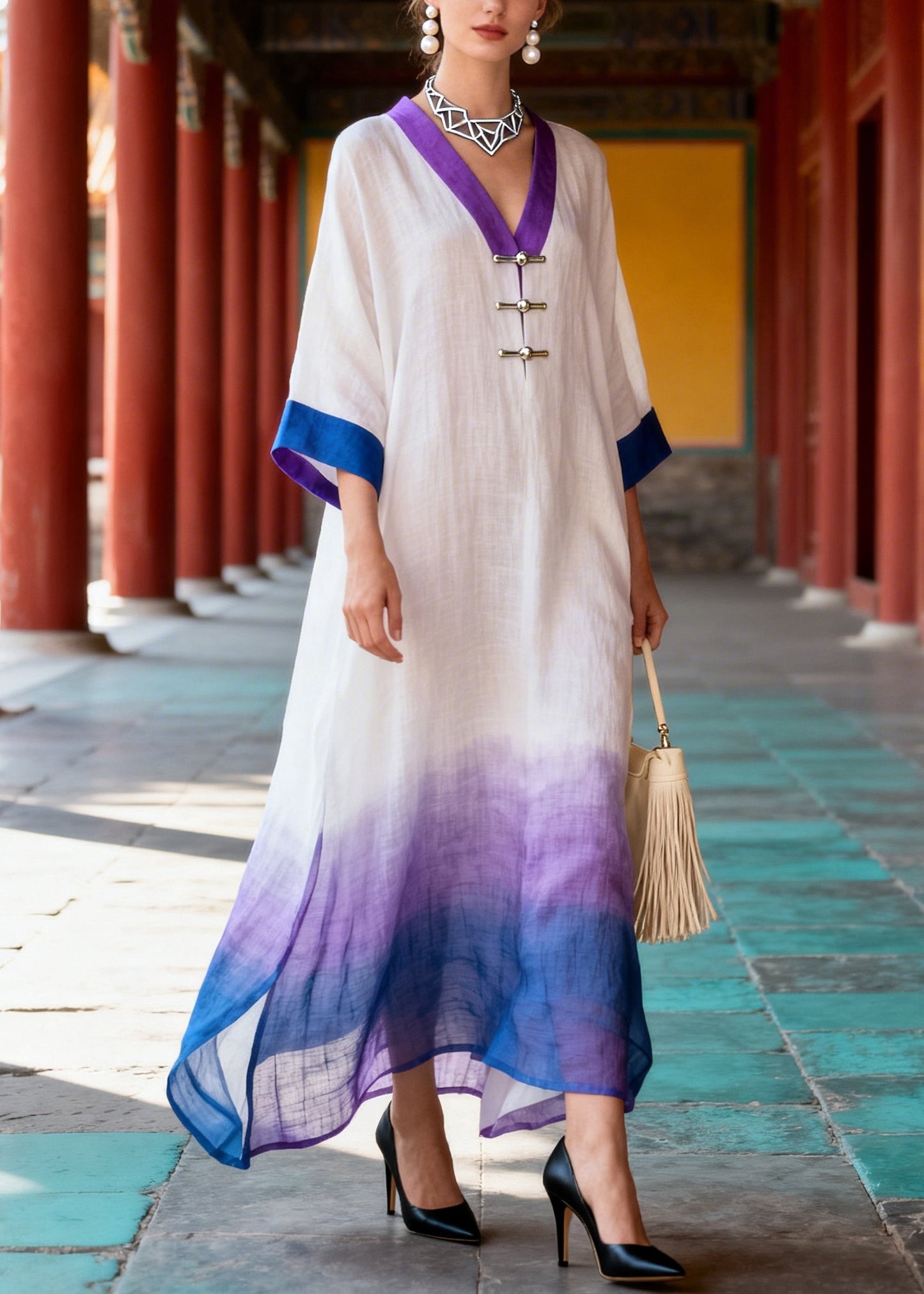 Art Gradient Color Oversized Side Open Cotton Maxi Dresses Summer