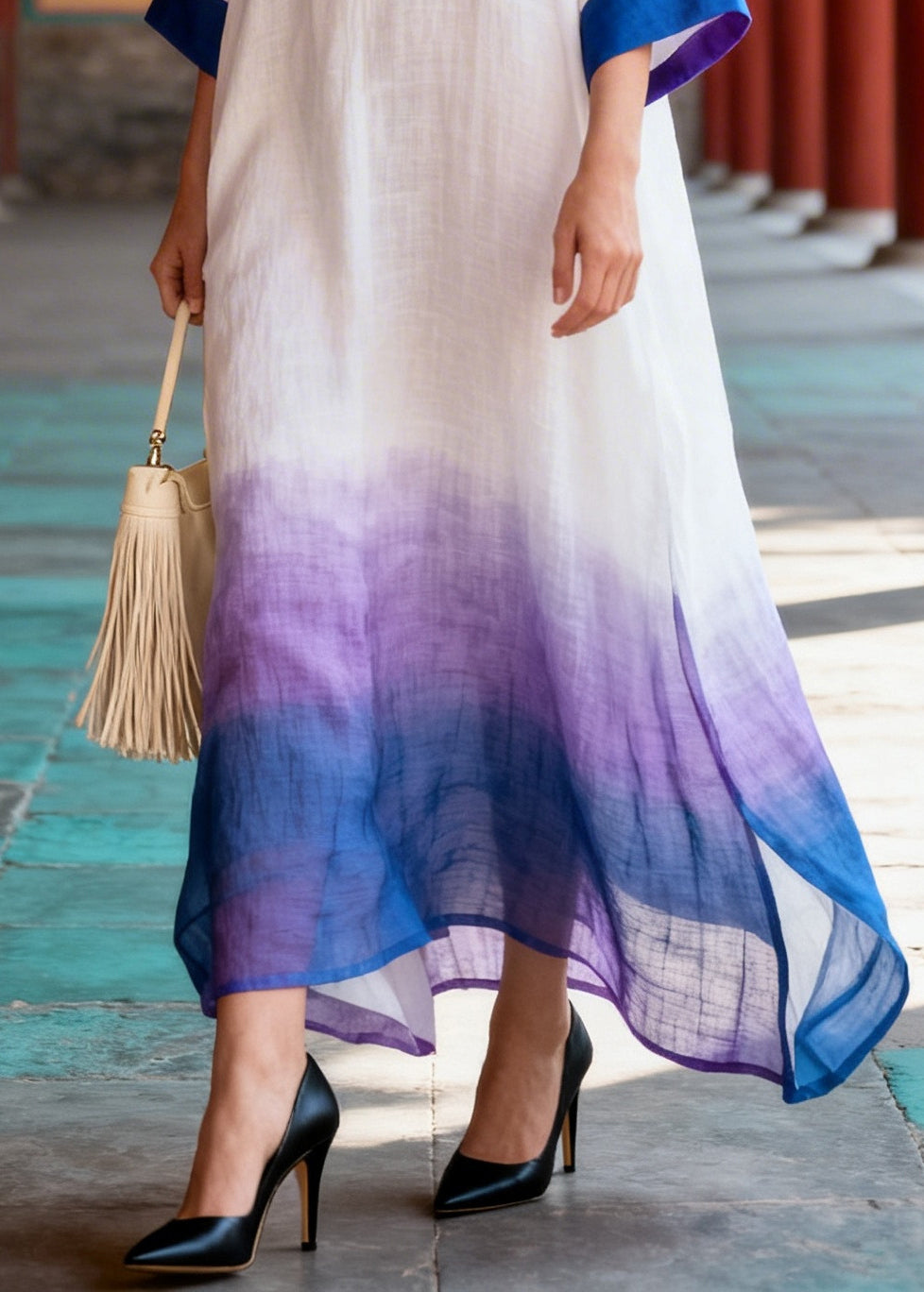 Art Gradient Color Oversized Side Open Cotton Maxi Dresses Summer