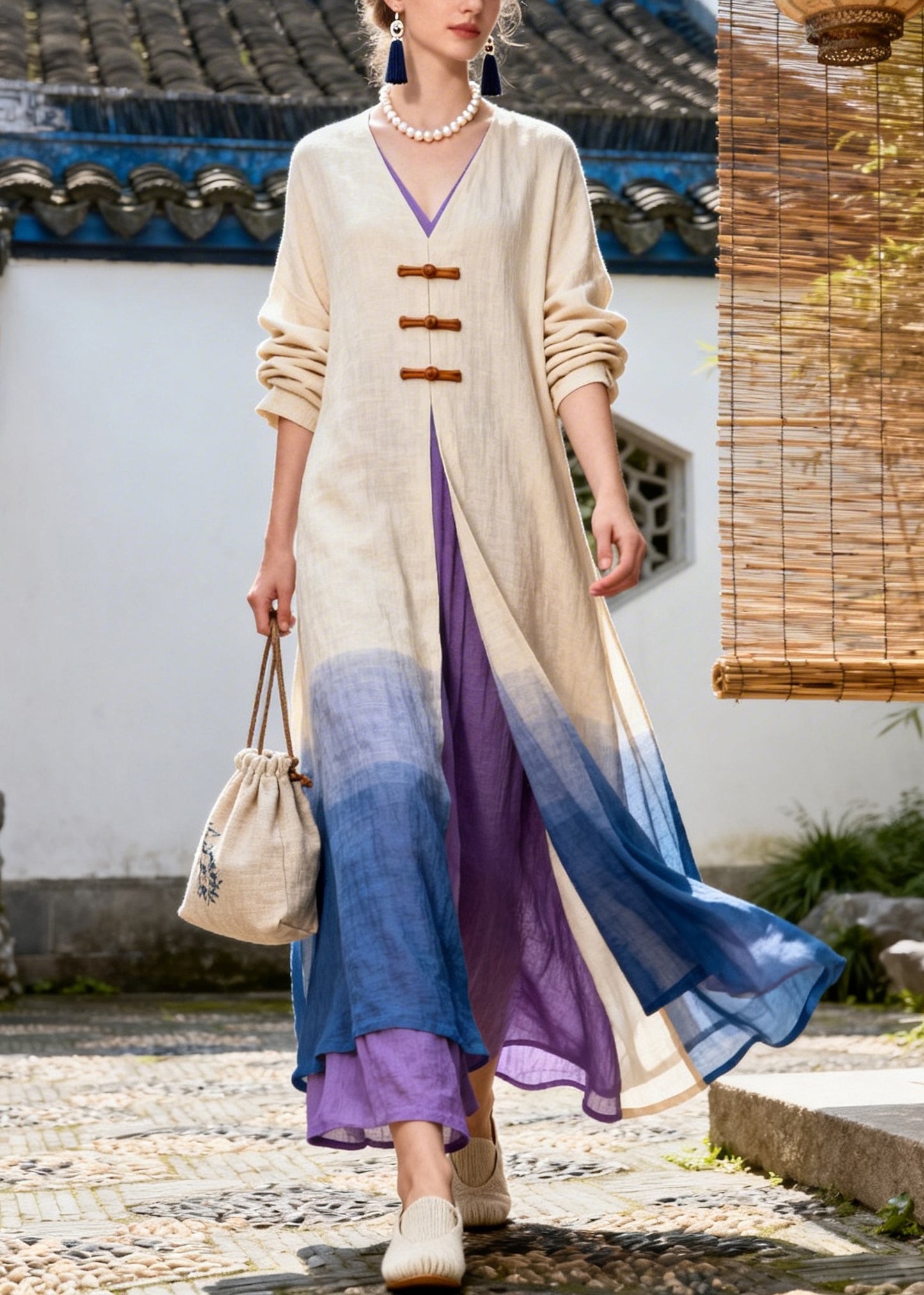 Art Gradient Color Side Open Chinese Button Cotton Dress Long Sleeve