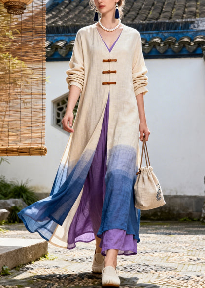 Art Gradient Color Side Open Chinese Button Cotton Dress Long Sleeve