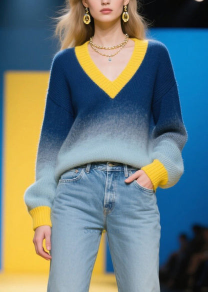 Art Gradient Color V Neck Patchwork Sweaters Winter