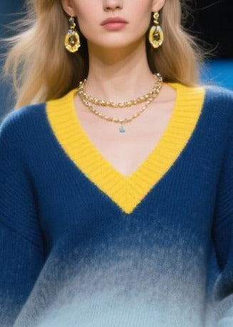 Art Gradient Color V Neck Patchwork Sweaters Winter