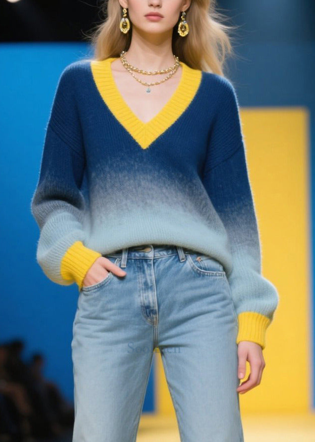 Art Gradient Color V Neck Patchwork Sweaters Winter