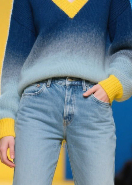 Art Gradient Color V Neck Patchwork Sweaters Winter