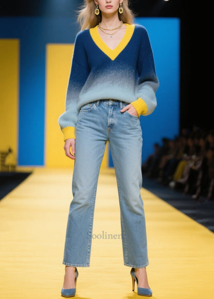 Art Gradient Color V Neck Patchwork Sweaters Winter