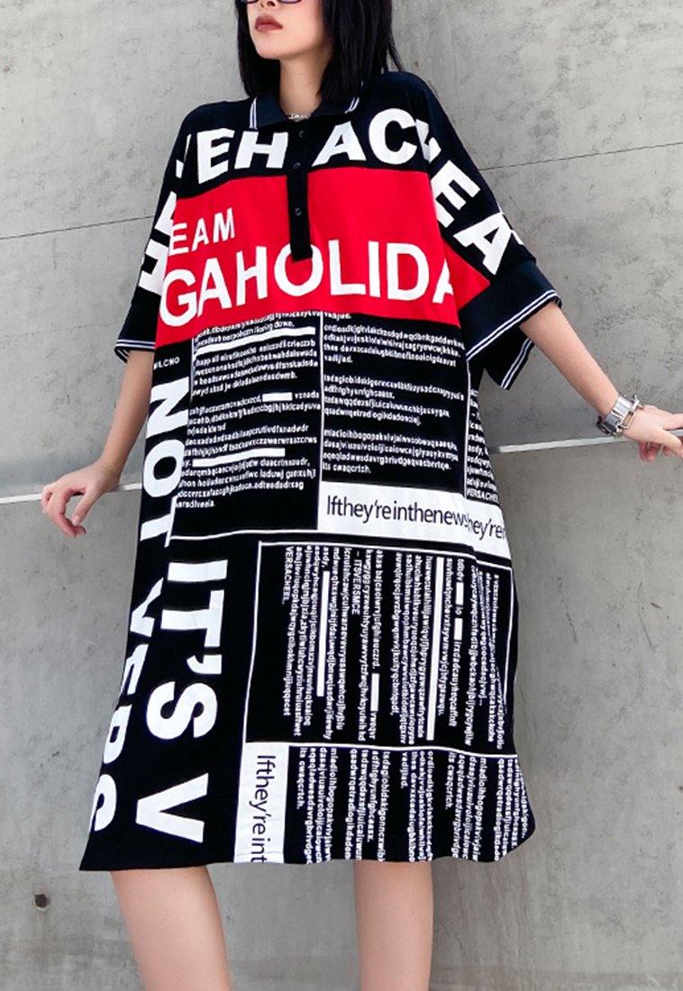 Art Graphic Patchwork Cotton Button Summer Dresses - SooLinen