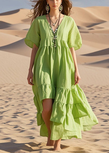 Art Grass Green Asymmetrical Cotton Maxi Dresses Summer