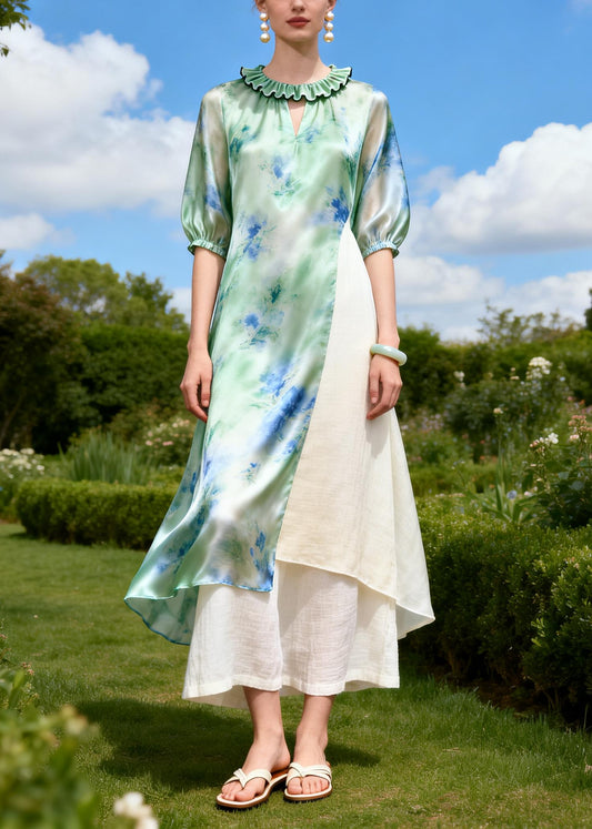 Art Green Asymmetrical Patchwork Silk Long Dress Summer