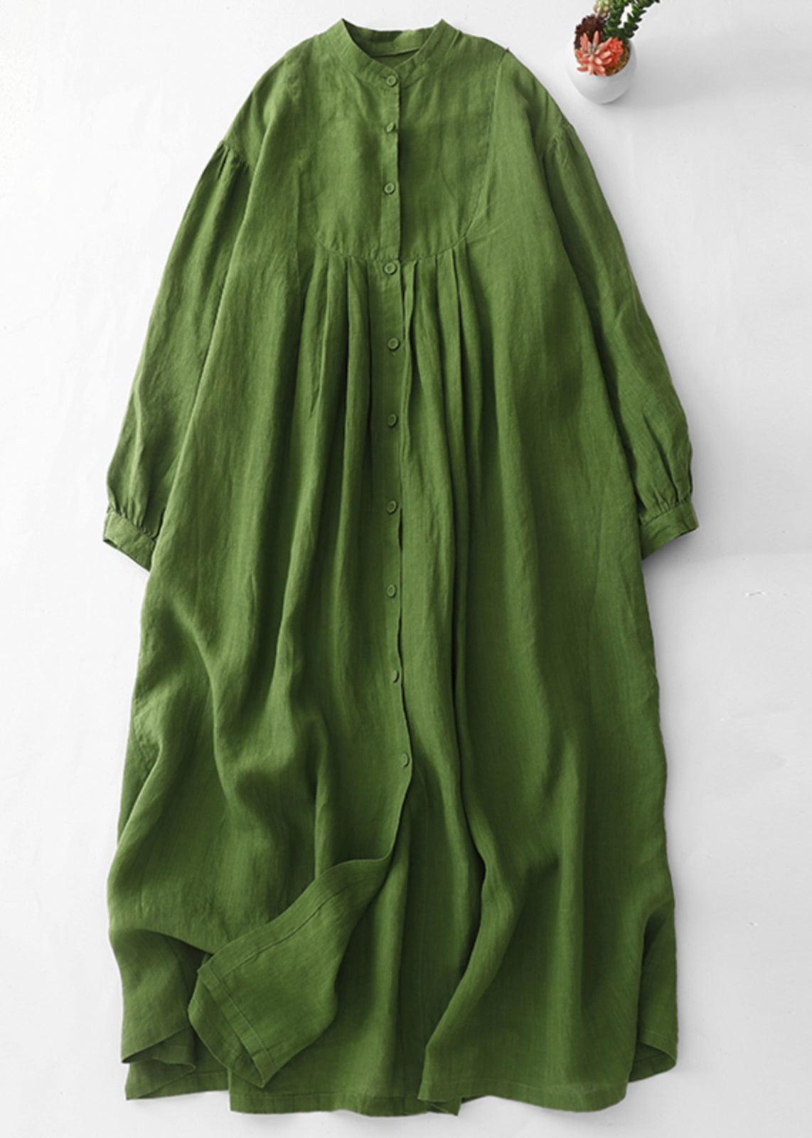 Art Green Button Wrinkled Solid Cotton Blouses Dress Spring
