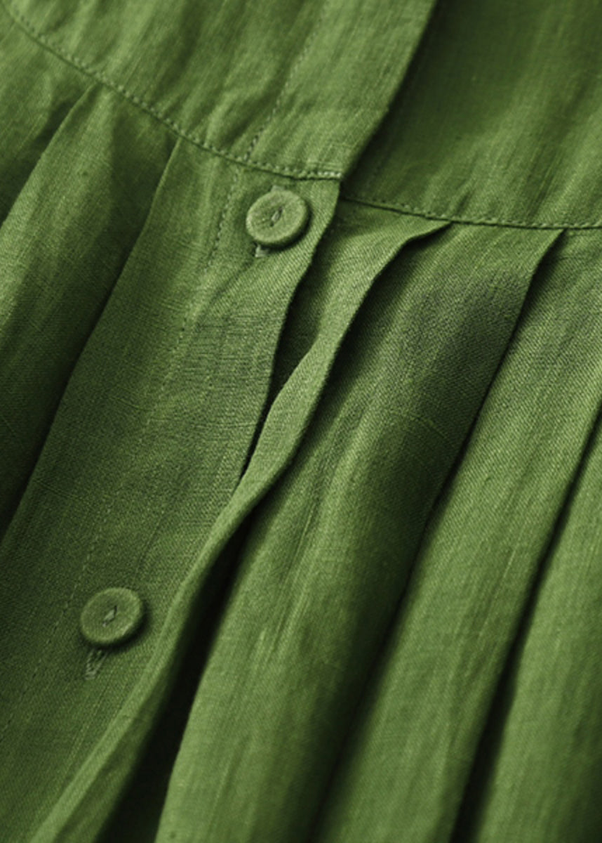 Art Green Button Wrinkled Solid Cotton Blouses Dress Spring