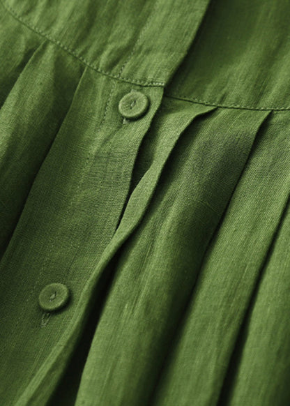 Art Green Button Wrinkled Solid Cotton Blouses Dress Spring