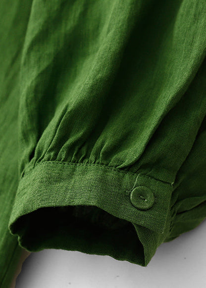 Art Green Button Wrinkled Solid Cotton Blouses Dress Spring