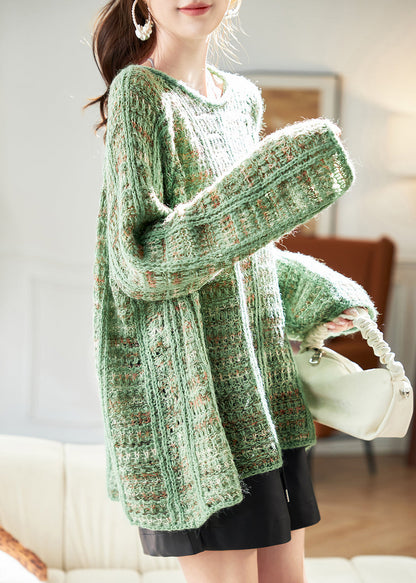 Art Green Cozy Hollow Out Cotton Knit Sweaters Batwing Sleeve