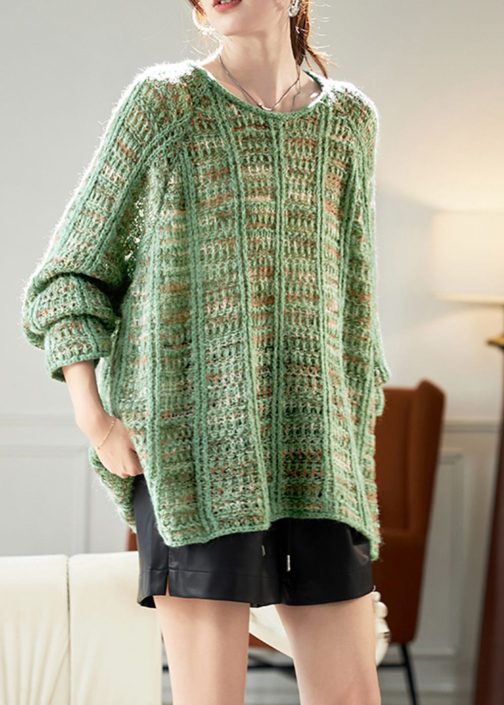 Art Green Cozy Hollow Out Cotton Knit Sweaters Batwing Sleeve