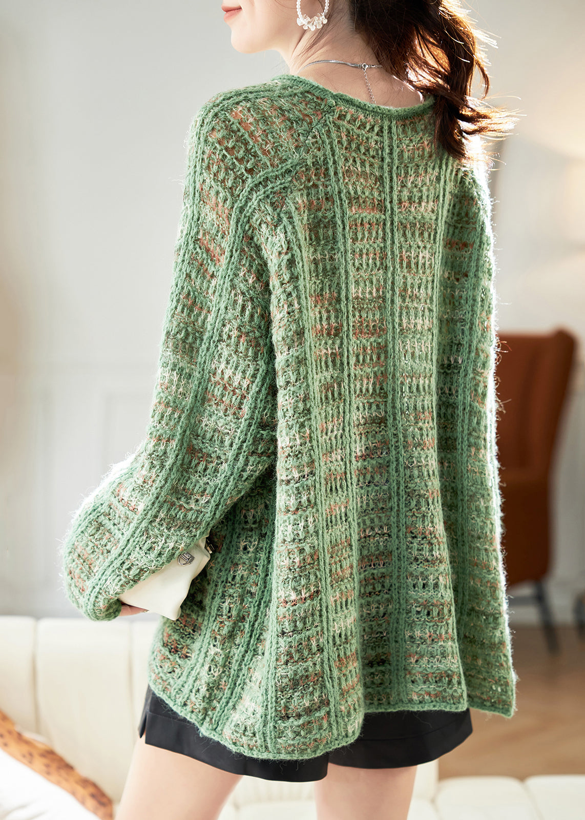 Art Green Cozy Hollow Out Cotton Knit Sweaters Batwing Sleeve
