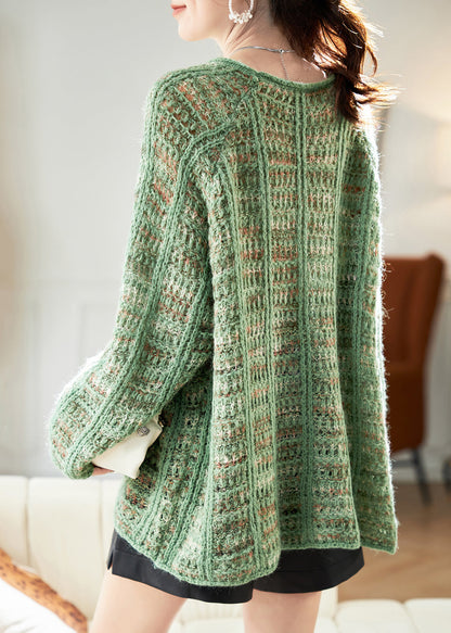 Art Green Cozy Hollow Out Cotton Knit Sweaters Batwing Sleeve