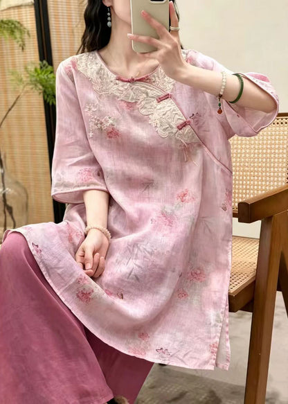 Art Green Embroidered Chinese Button Linen Oriental Dress Summer