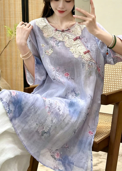 Art Green Embroidered Chinese Button Linen Oriental Dress Summer