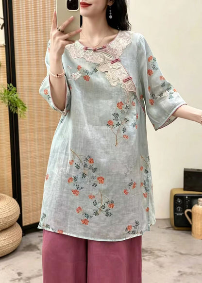Art Green Embroidered Chinese Button Linen Oriental Dress Summer