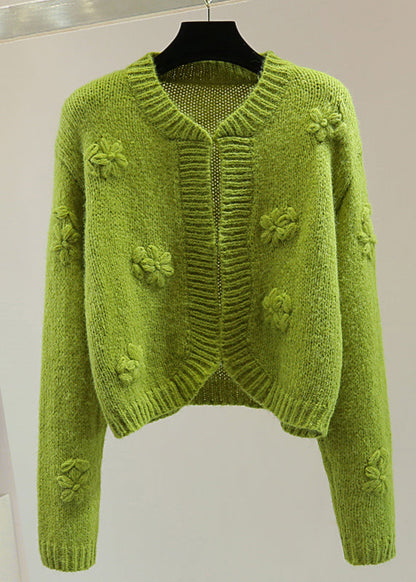 Art Green Embroidered Floral Solid Cotton Knit Sweater Winter