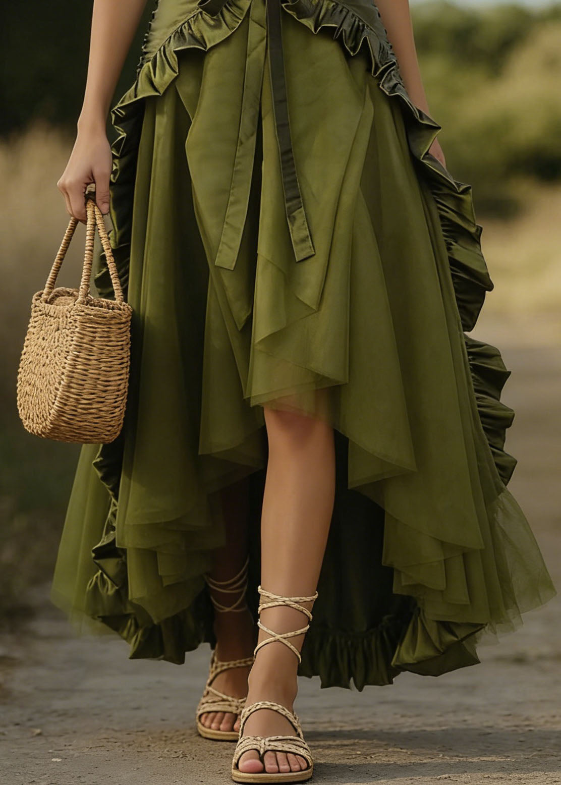 Art Green Lace Up Ruffled Patchwork Tulle Skirts Spring