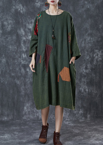 Art Green Oversized Patchwork Applique Linen Dress Batwing Sleeve
