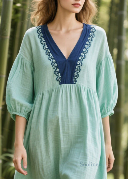 Art Green Oversized Patchwork Lace Cotton Dresses Bracelet Sleeve