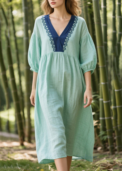 Art Green Oversized Patchwork Lace Cotton Dresses Bracelet Sleeve