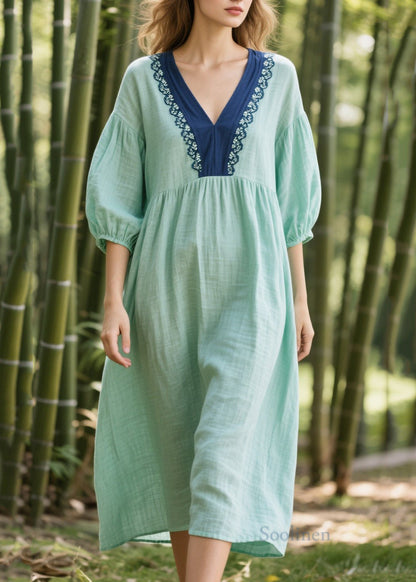 Art Green Oversized Patchwork Lace Cotton Dresses Bracelet Sleeve