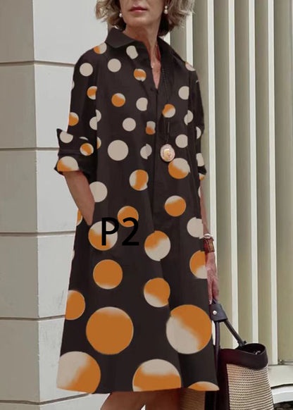 Art Green Polka Dots Peter Pan Collar Print Cotton Dress Long Sleeve