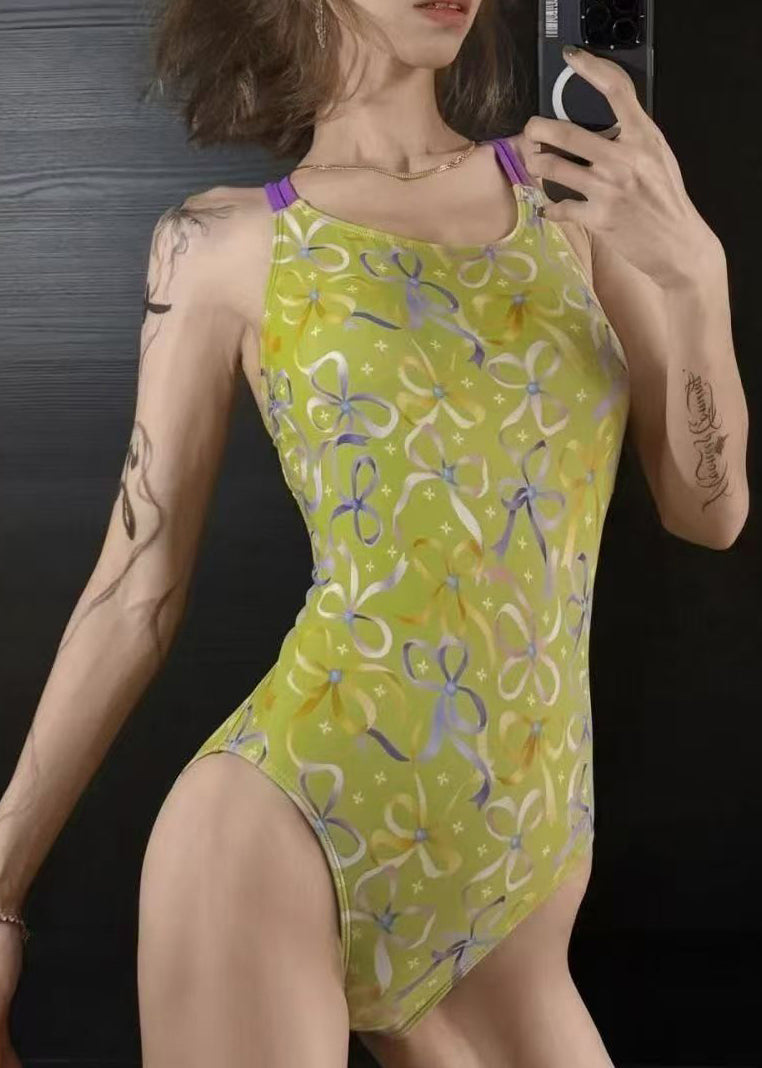 Art Green Print Backless Cross Strap Teddy Swimwear Bodysuit