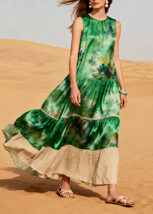 Art Green Print Patchwork Exra Large Hem Silk Long Dress Summer