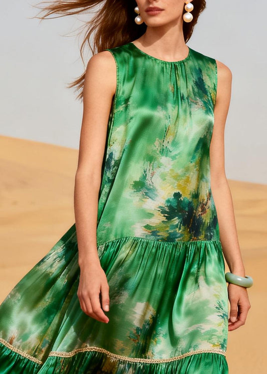 Art Green Print Patchwork Exra Large Hem Silk Long Dress Summer