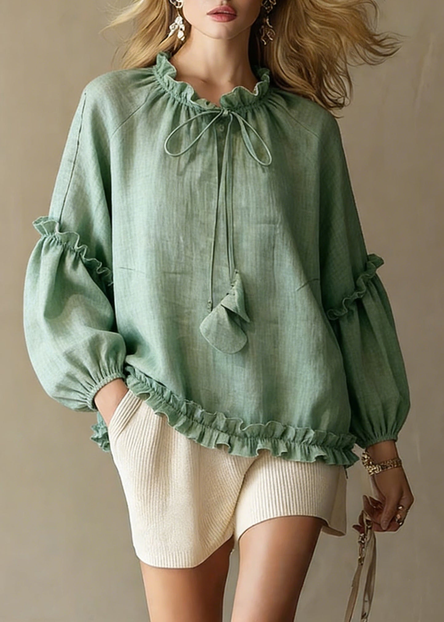 Art Green Ruffled Lace Up Cotton Shirts Spring