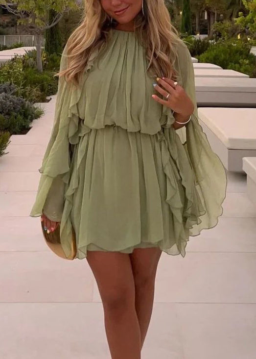 Art Green Ruffled Solid Chiffon Mini Dress Fall
