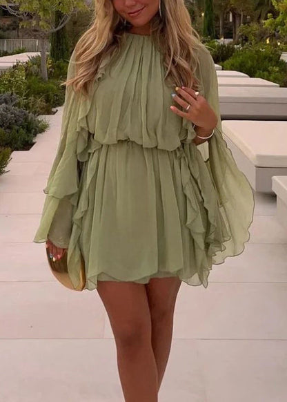 Art Green Ruffled Solid Chiffon Mini Dress Fall