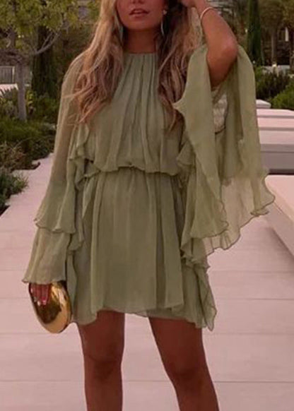 Art Green Ruffled Solid Chiffon Mini Dress Fall